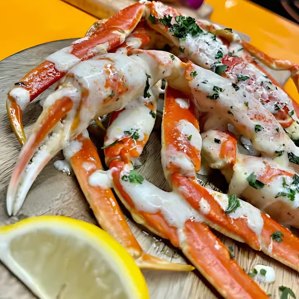 The Flava Zone's snow crab legs, drizzled with creamy sauce, fresh parsley, and a lemon wedge.
